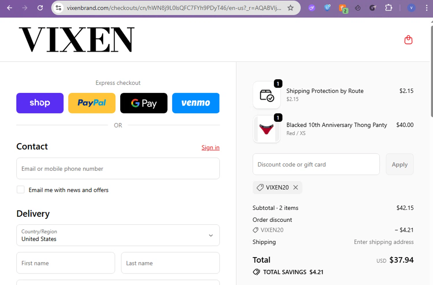 Vixen Brand promo code screenshot showing code VIXEN20 applied at Vixen Brand checkout page. Uploaded by SimplyCodes community member beatrizcastillo on Feb 13, 2026