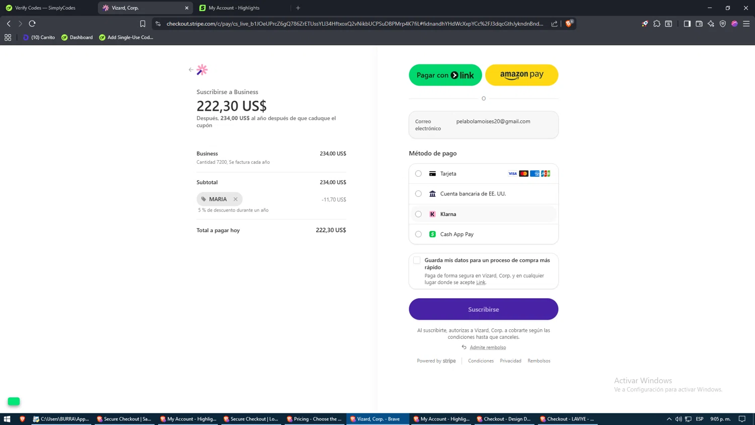Vizard promo code screenshot showing code MARIA applied at Vizard checkout page. Uploaded by SimplyCodes community member PegaitoAlas3AM on Dec 16, 2025