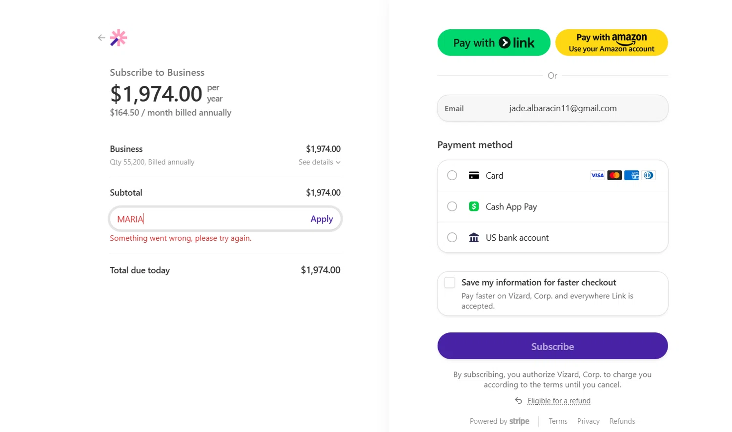 Vizard promo code screenshot showing code MARIA applied at Vizard checkout page. Uploaded by SimplyCodes community member jade5416625024720 on Jul 2, 2025