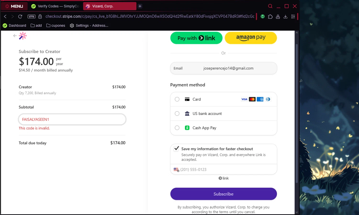 Vizard promo code screenshot showing code FAISALYASEEN1 applied at Vizard checkout page. Uploaded by SimplyCodes community member Mortek on Jul 2, 2025