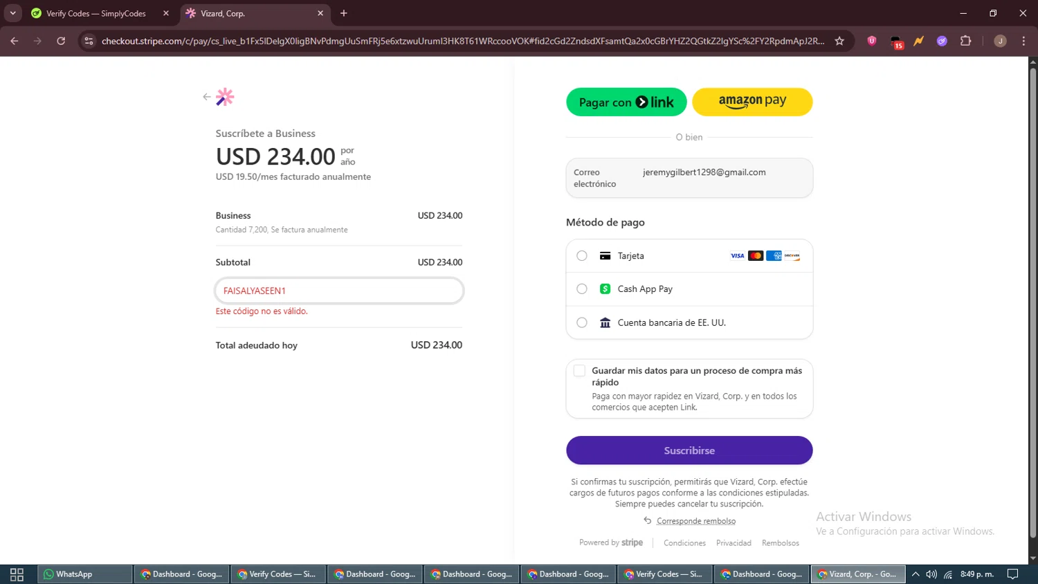 Vizard promo code screenshot showing code FAISALYASEEN1 applied at Vizard checkout page. Uploaded by SimplyCodes community member ShrewdAdmiral5920 on Jul 3, 2025