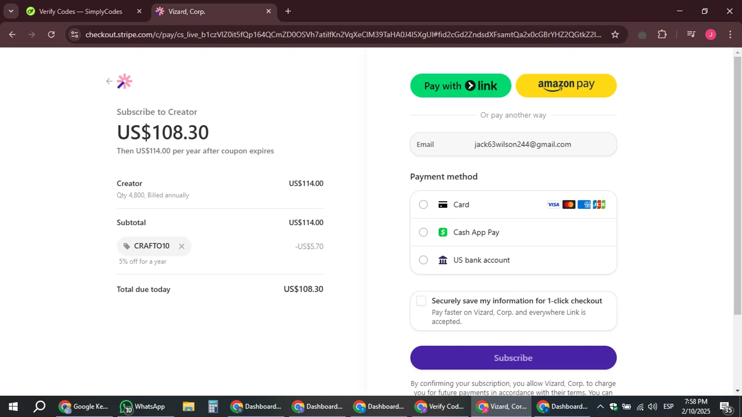 Vizard promo code screenshot showing code CRAFTO10 applied at Vizard checkout page. Uploaded by SimplyCodes community member JackWilson63 on Feb 10, 2025