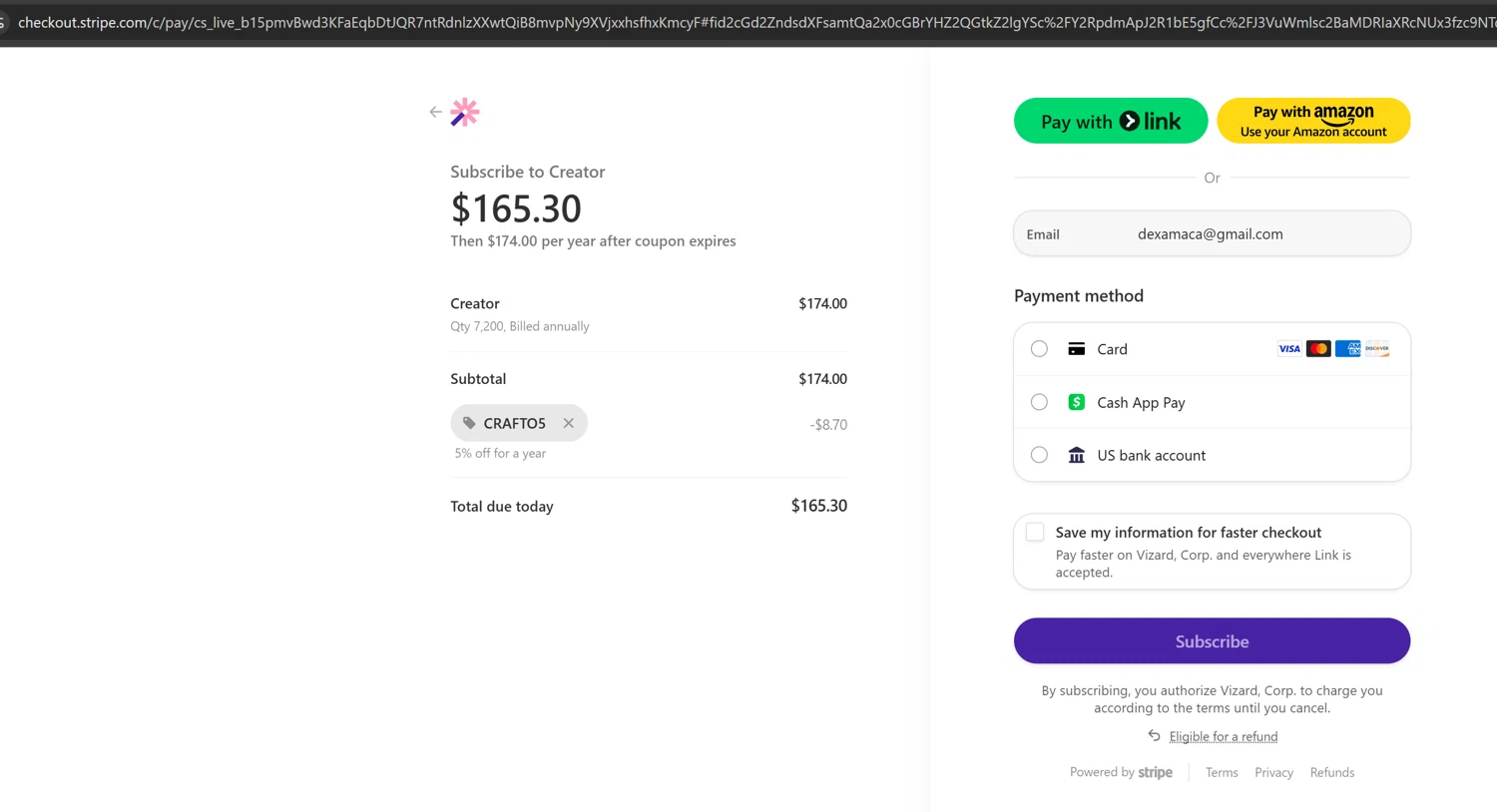 Vizard promo code screenshot showing code CRAFTO5 applied at Vizard checkout page. Uploaded by SimplyCodes community member PopomsPapa on Jul 2, 2025