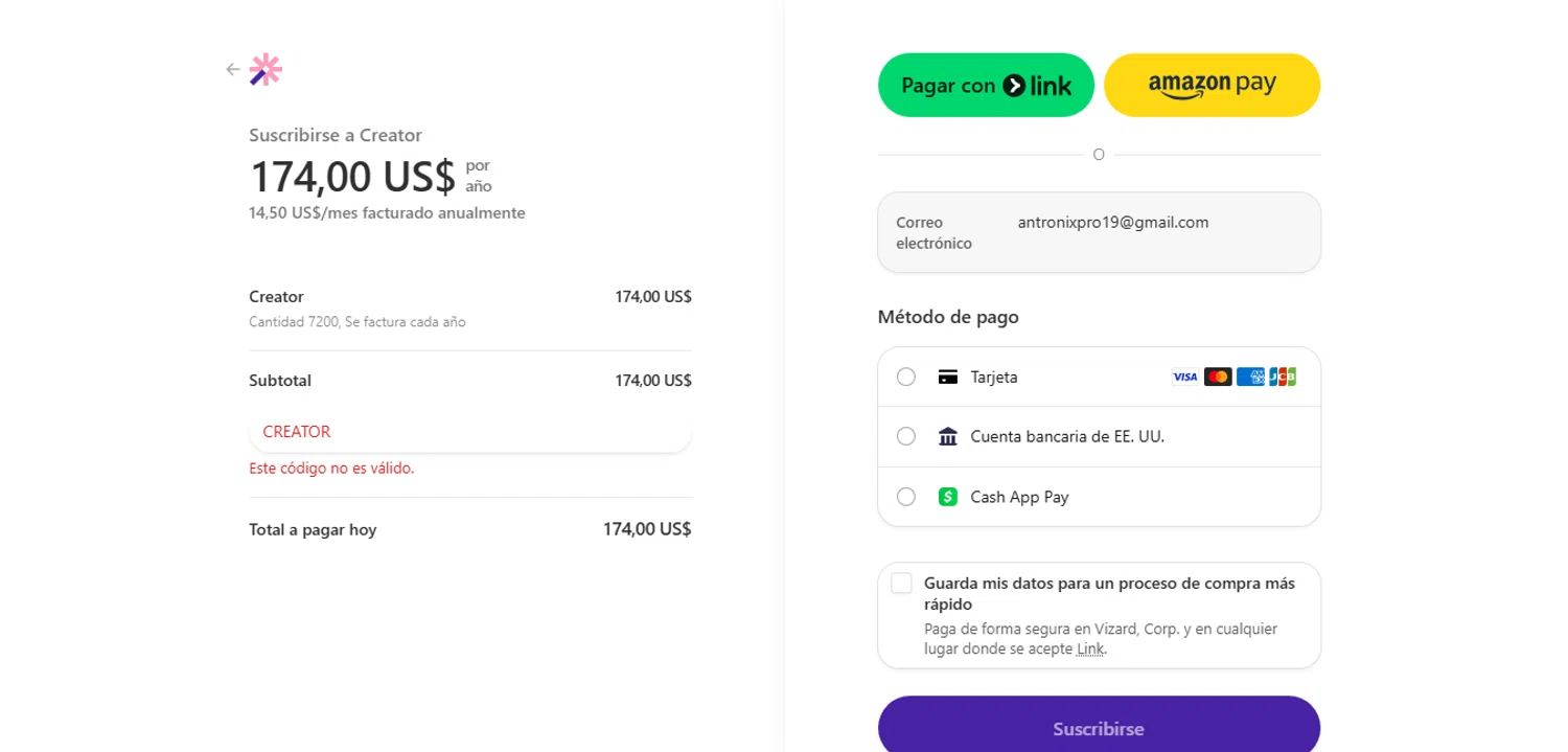 Vizard promo code screenshot showing code CREATOR applied at Vizard checkout page. Uploaded by SimplyCodes community member MoneyHunter5624 on Oct 23, 2025