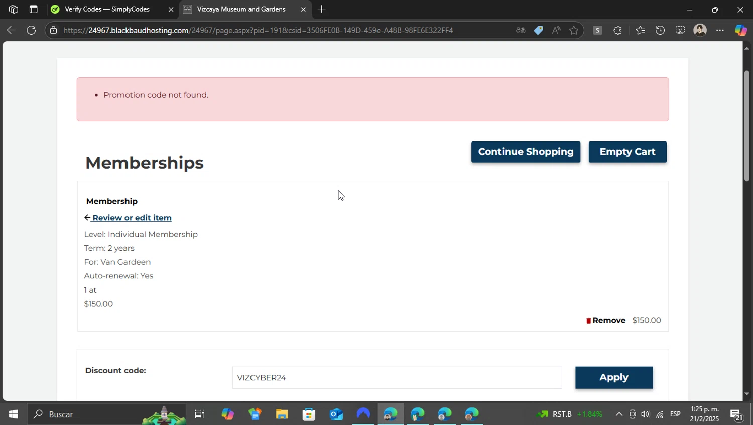 Vizcaya Museum & Gardens discount code screenshot showing code VIZCYBER24 applied at Vizcaya Museum & Gardens checkout page. Uploaded by SimplyCodes community member WonderKnight7884 on Feb 21, 2025