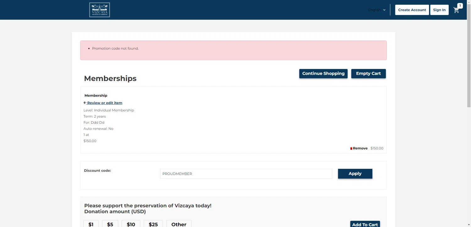Vizcaya Museum & Gardens discount code screenshot showing code PROUDMEMBER applied at Vizcaya Museum & Gardens checkout page. Uploaded by SimplyCodes community member EpicEagle816 on Jun 28, 2025
