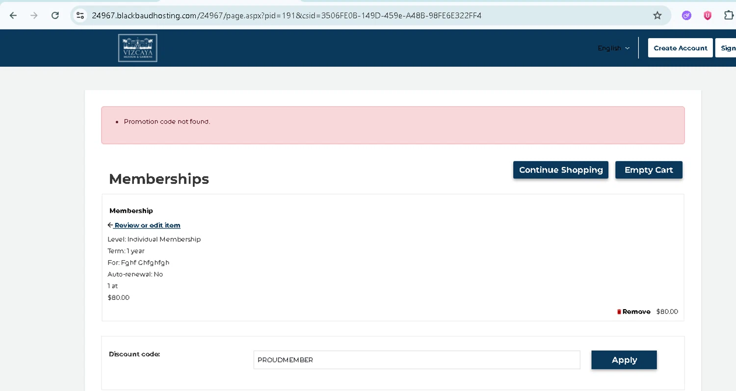 Vizcaya Museum & Gardens discount code screenshot showing code PROUDMEMBER applied at Vizcaya Museum & Gardens checkout page. Uploaded by SimplyCodes community member TokenMonarch796 on Jun 28, 2025