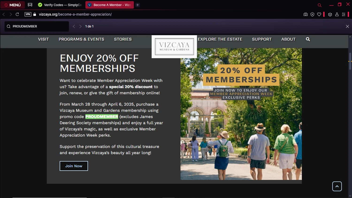 Vizcaya Museum & Gardens checkout page showing Vizcaya Museum & Gardens discount code box | Screenshot taken by SimplyCodes community member on Apr 2, 2025
