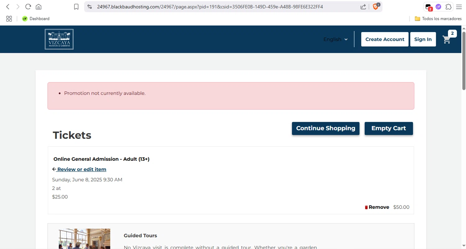 Vizcaya Museum & Gardens discount code screenshot showing code MuseumMonthsBOGO applied at Vizcaya Museum & Gardens checkout page. Uploaded by SimplyCodes community member Fabio05 on Jun 8, 2025