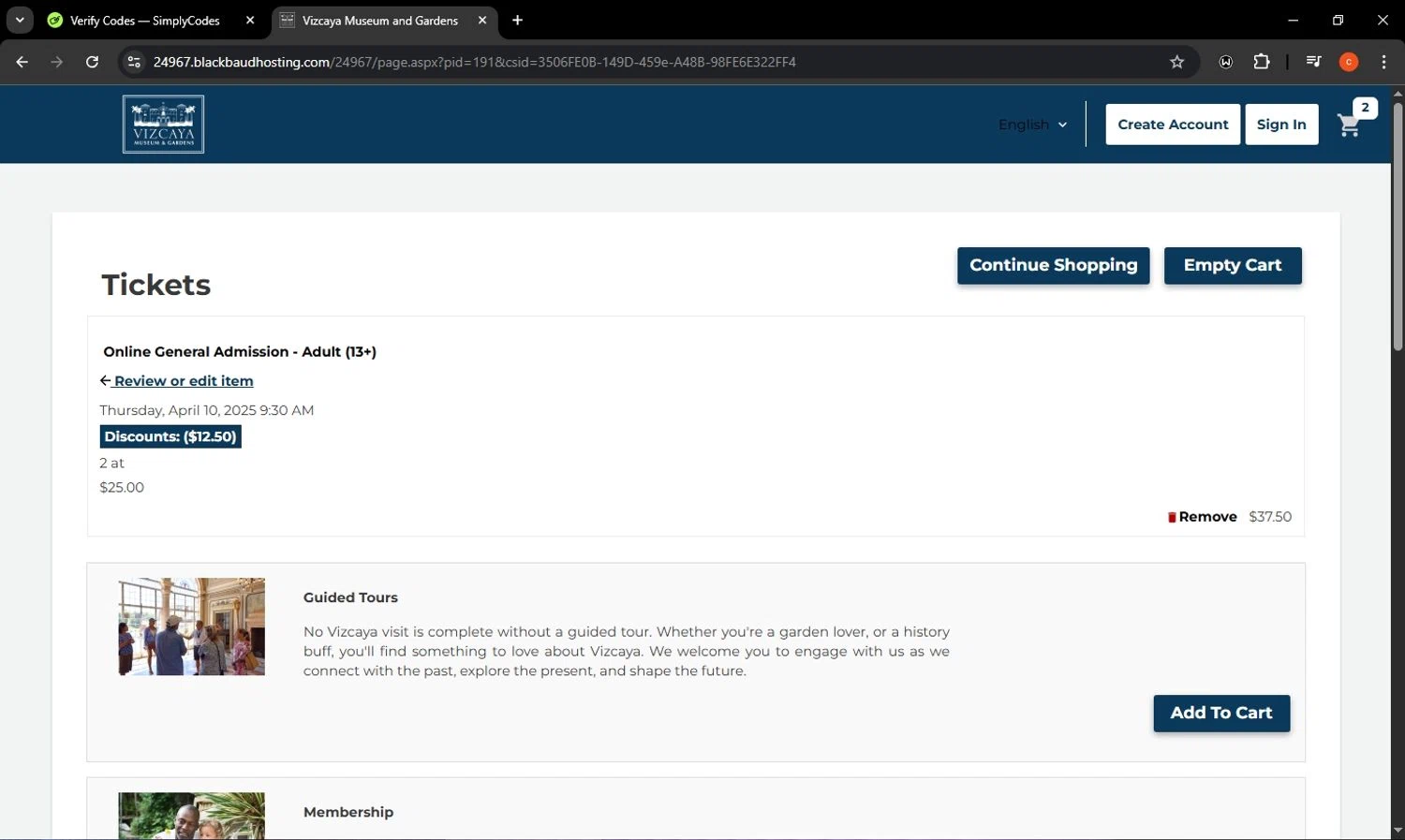 Vizcaya Museum & Gardens checkout page showing Vizcaya Museum & Gardens discount code box | Screenshot taken by SimplyCodes community member on Apr 10, 2025