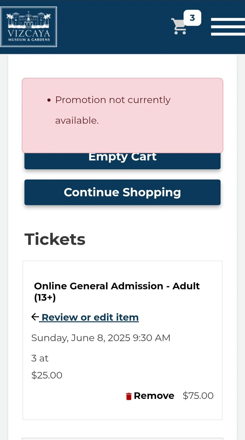 Vizcaya Museum & Gardens discount code screenshot showing code MuseumMonthsBOGO applied at Vizcaya Museum & Gardens checkout page. Uploaded by SimplyCodes community member luki1958 on Jun 8, 2025