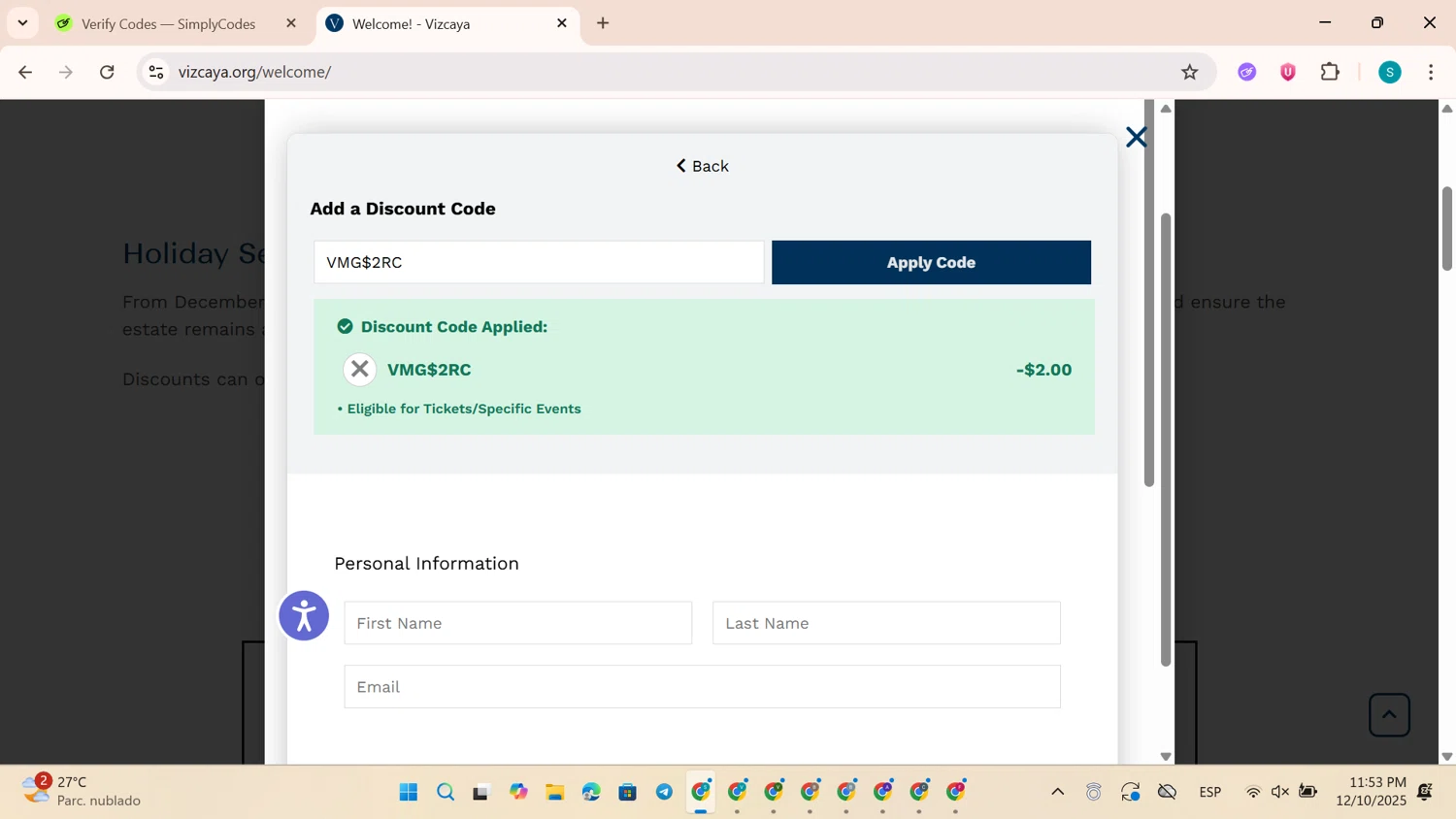 Vizcaya Museum & Gardens discount code screenshot showing code VMG$2RC applied at Vizcaya Museum & Gardens checkout page. Uploaded by SimplyCodes community member TreasureEagle4642 on Dec 11, 2025