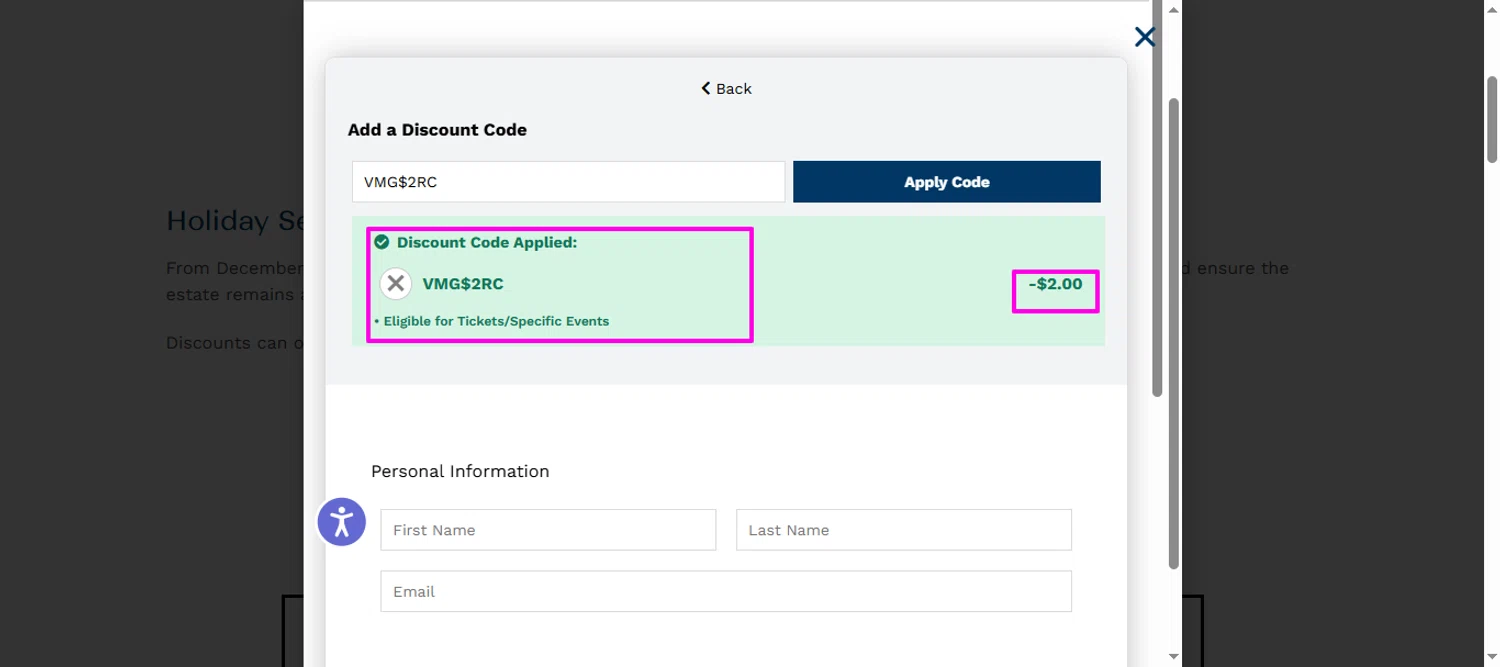 Vizcaya Museum & Gardens discount code screenshot showing code VMG$2RC applied at Vizcaya Museum & Gardens checkout page. Uploaded by SimplyCodes community member mrdarcy on Dec 11, 2025