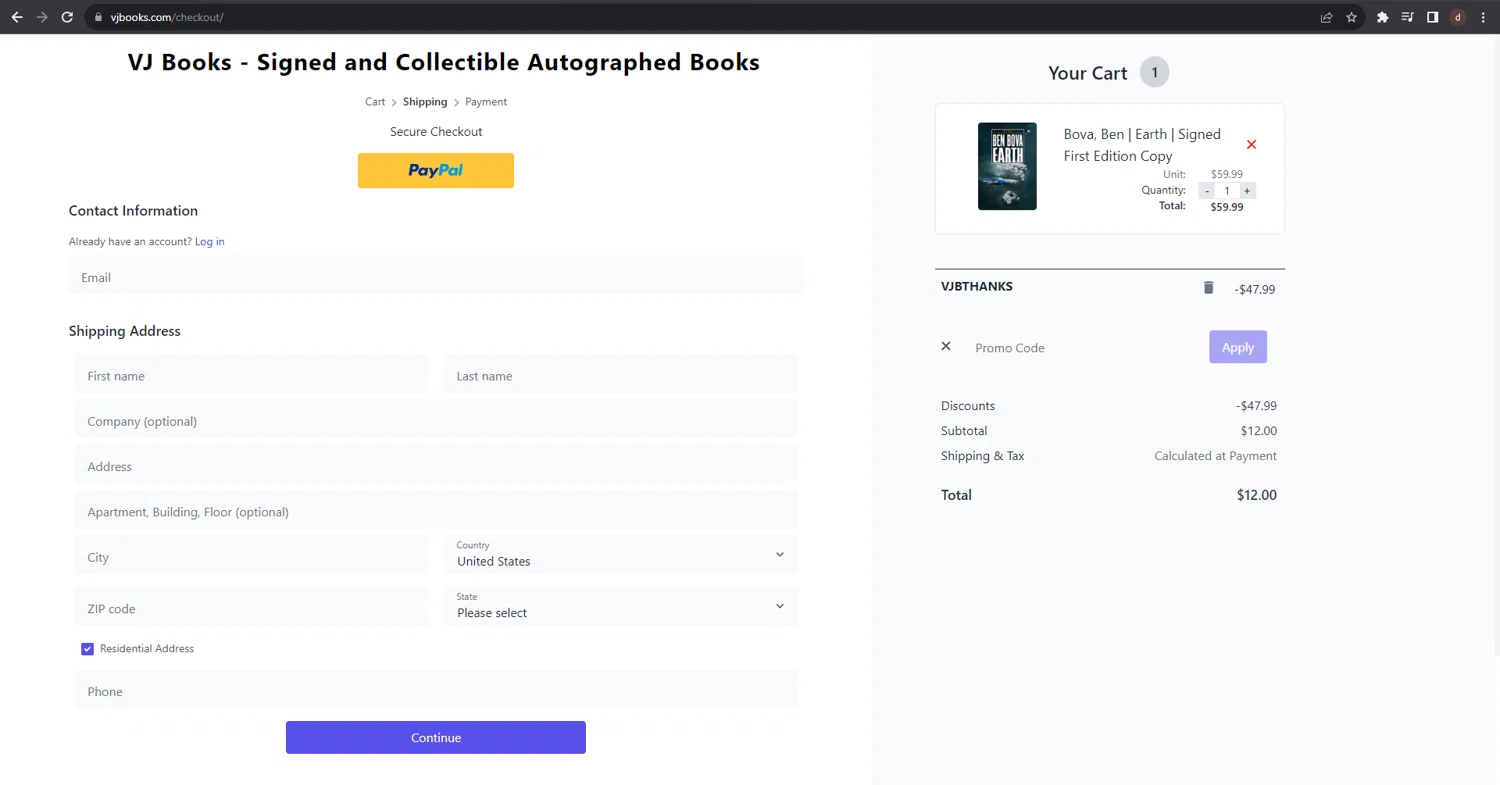 VJ Books checkout page showing VJ Books coupon code box | Screenshot taken by SimplyCodes community member on Nov 10, 2023