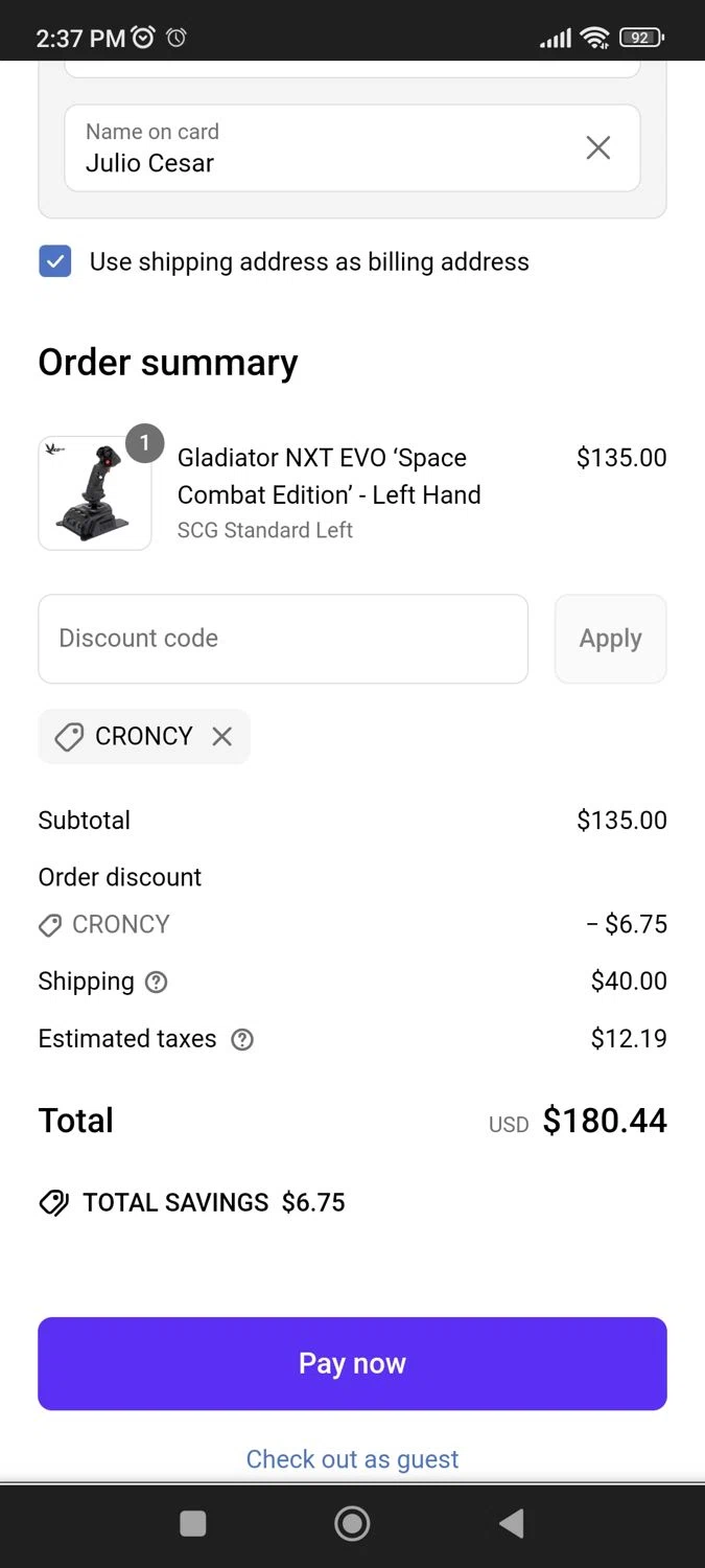 VKB-Sim North America promo code screenshot showing code croncy applied at VKB-Sim North America checkout page. Uploaded by SimplyCodes community member BargainPioneer8286 on Mar 26, 2025