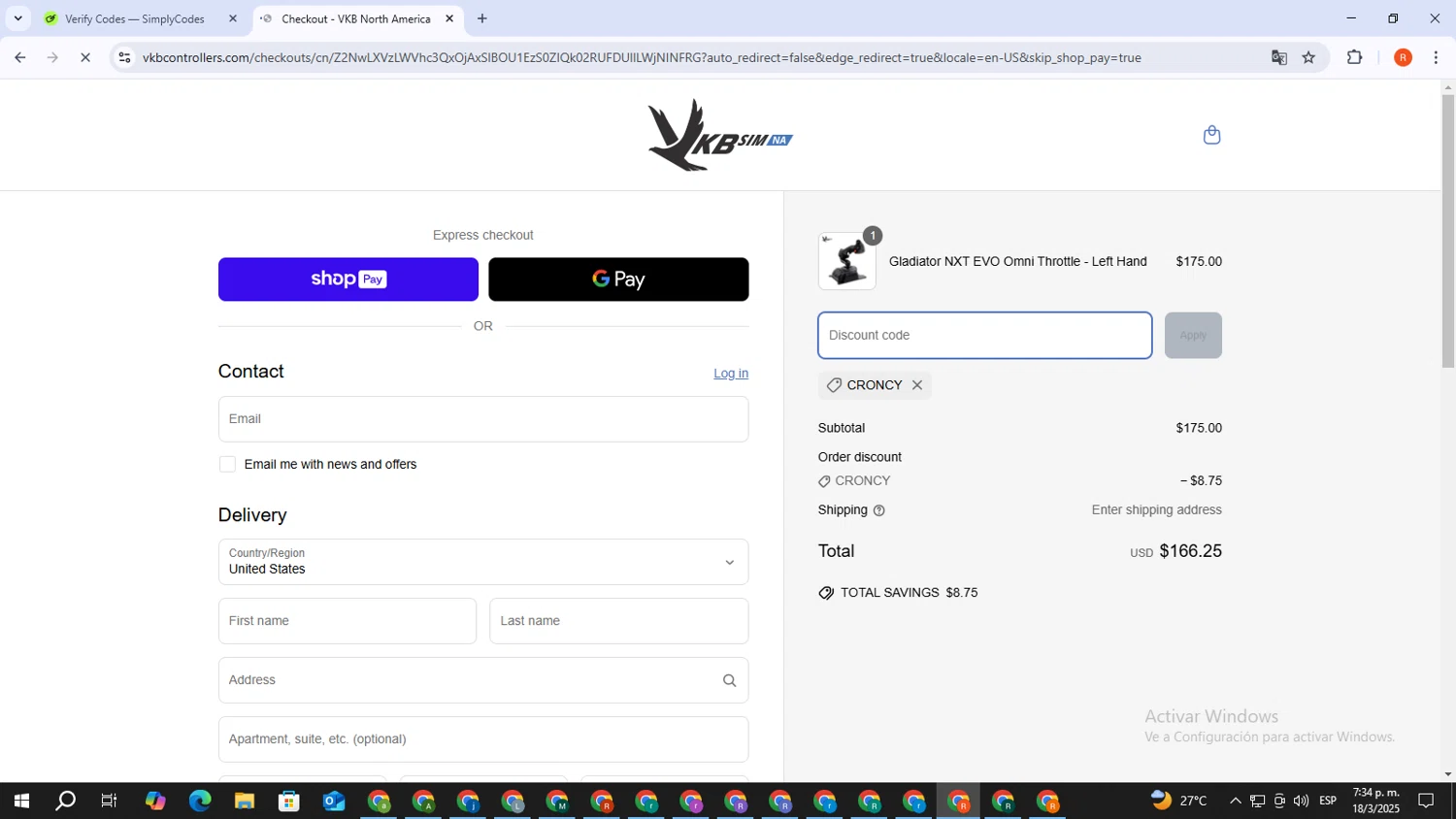 VKB-Sim North America promo code screenshot showing code croncy applied at VKB-Sim North America checkout page. Uploaded by SimplyCodes community member DealVirtuoso2241 on Mar 18, 2025