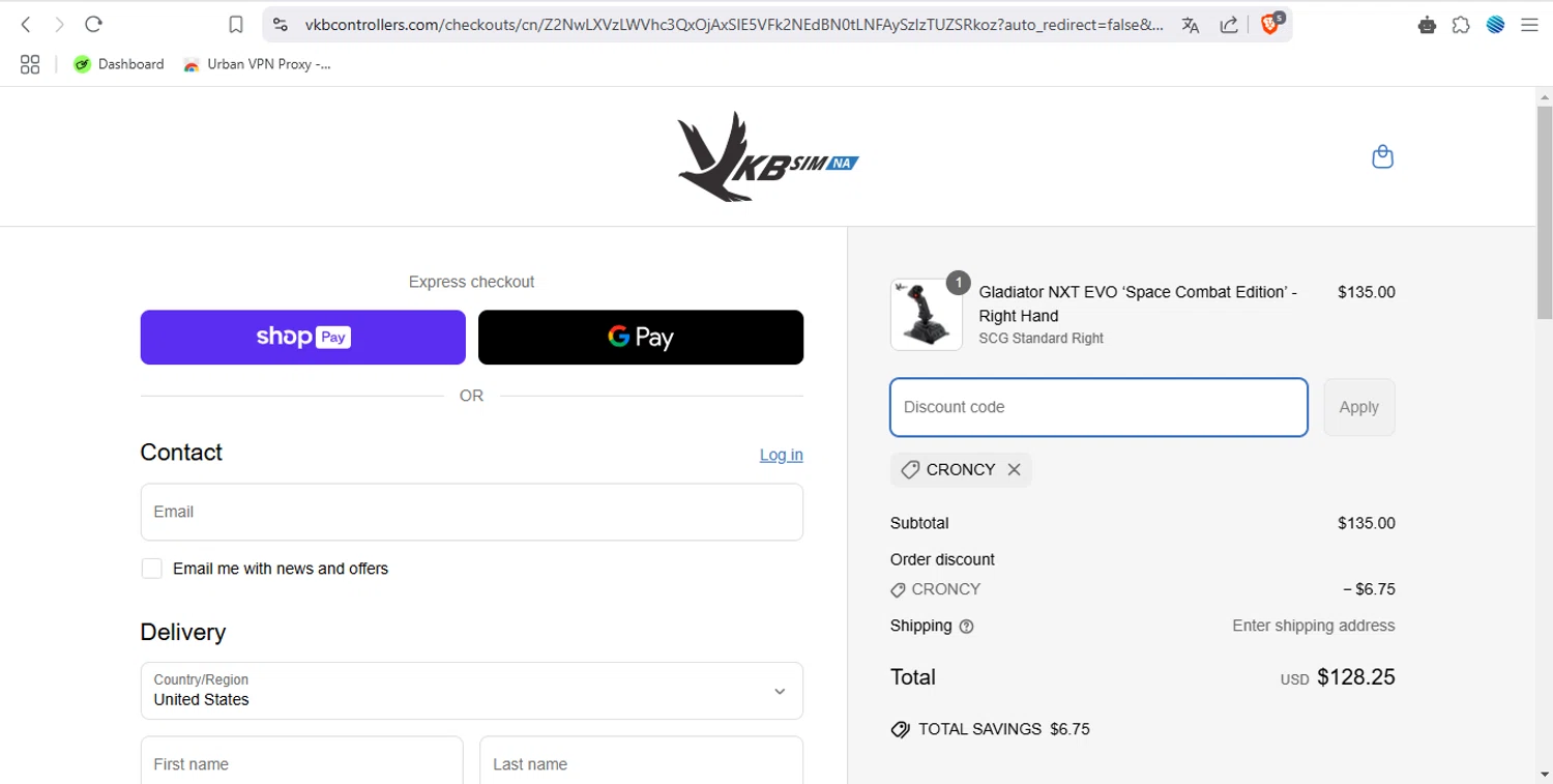 VKB-Sim North America promo code screenshot showing code croncy applied at VKB-Sim North America checkout page. Uploaded by SimplyCodes community member tulomalkovich on Mar 26, 2025