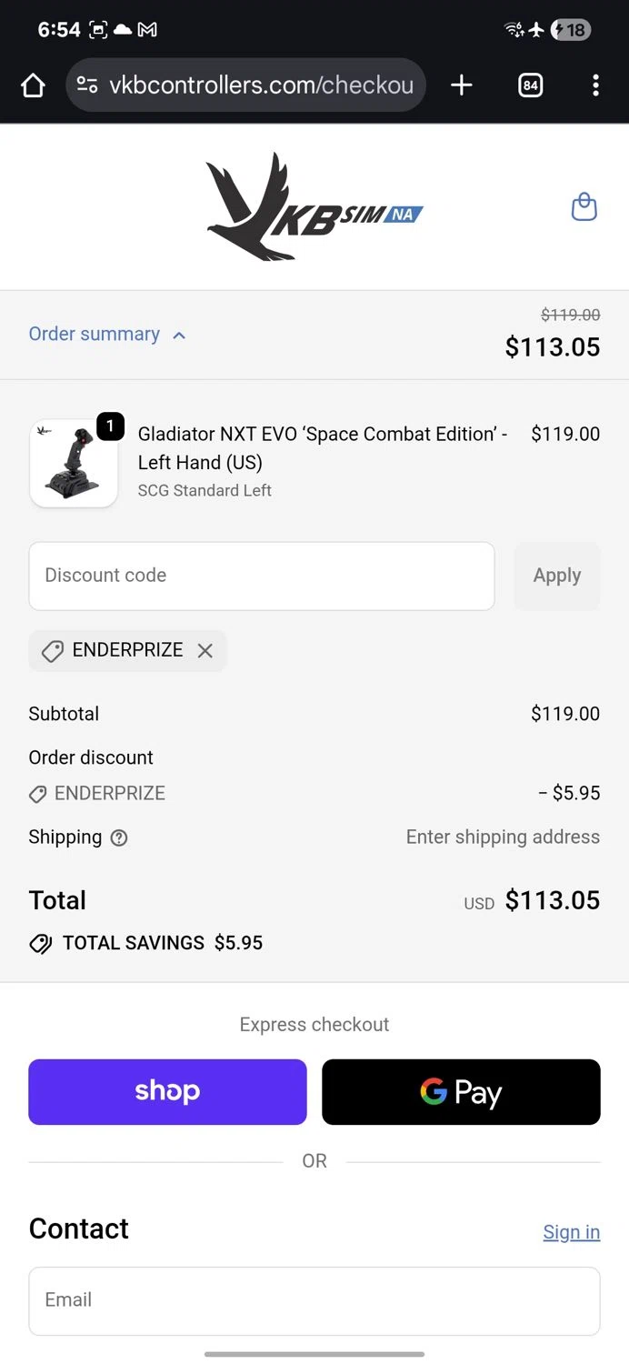 VKB-Sim North America promo code screenshot showing code ENDERPRIZE applied at VKB-Sim North America checkout page. Uploaded by SimplyCodes community member KataldoMustafack on Sep 21, 2025