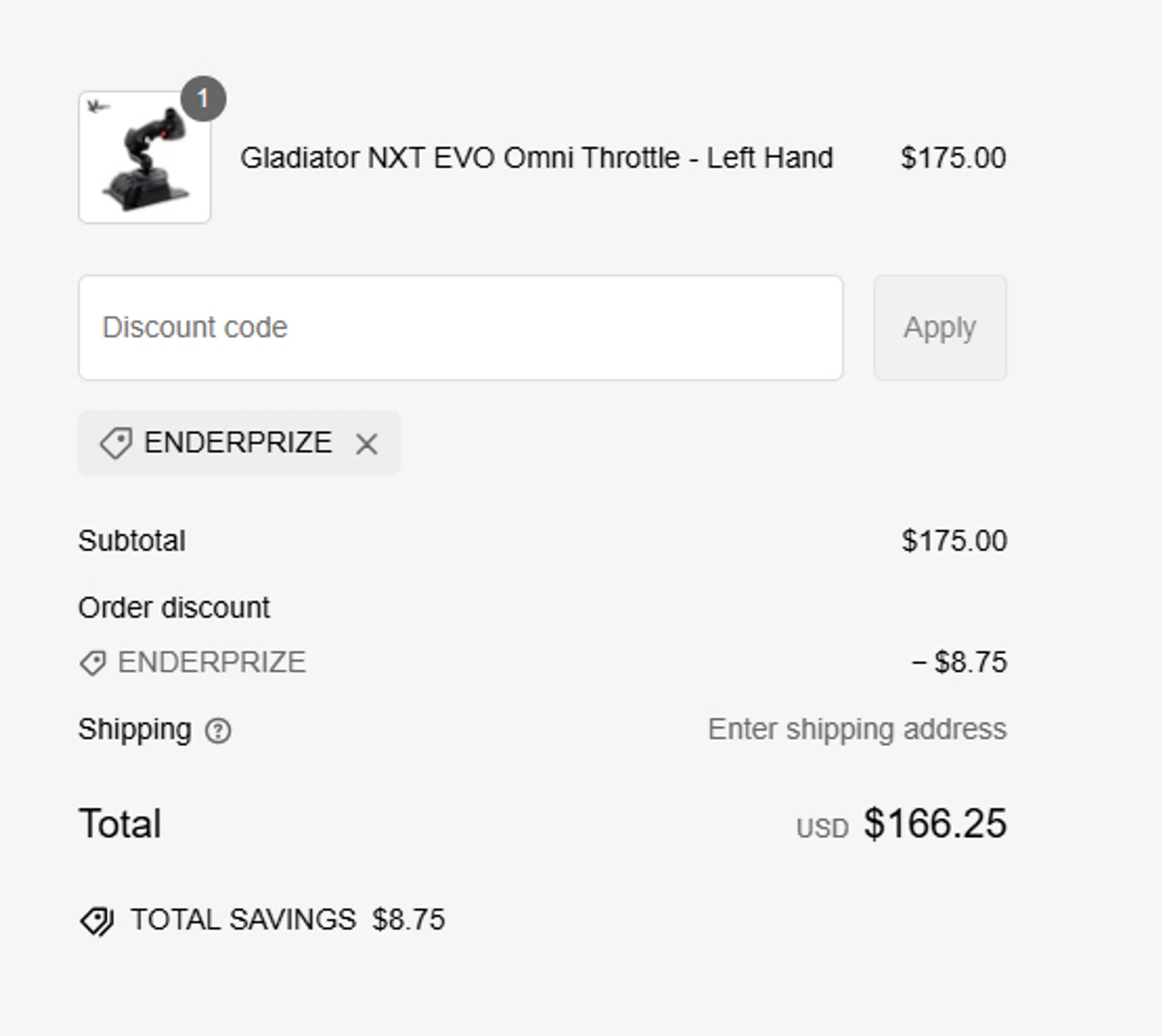 VKB-Sim North America promo code screenshot showing code ENDERPRIZE applied at VKB-Sim North America checkout page. Uploaded by SimplyCodes community member MagnificentCollector7829 on Feb 5, 2025