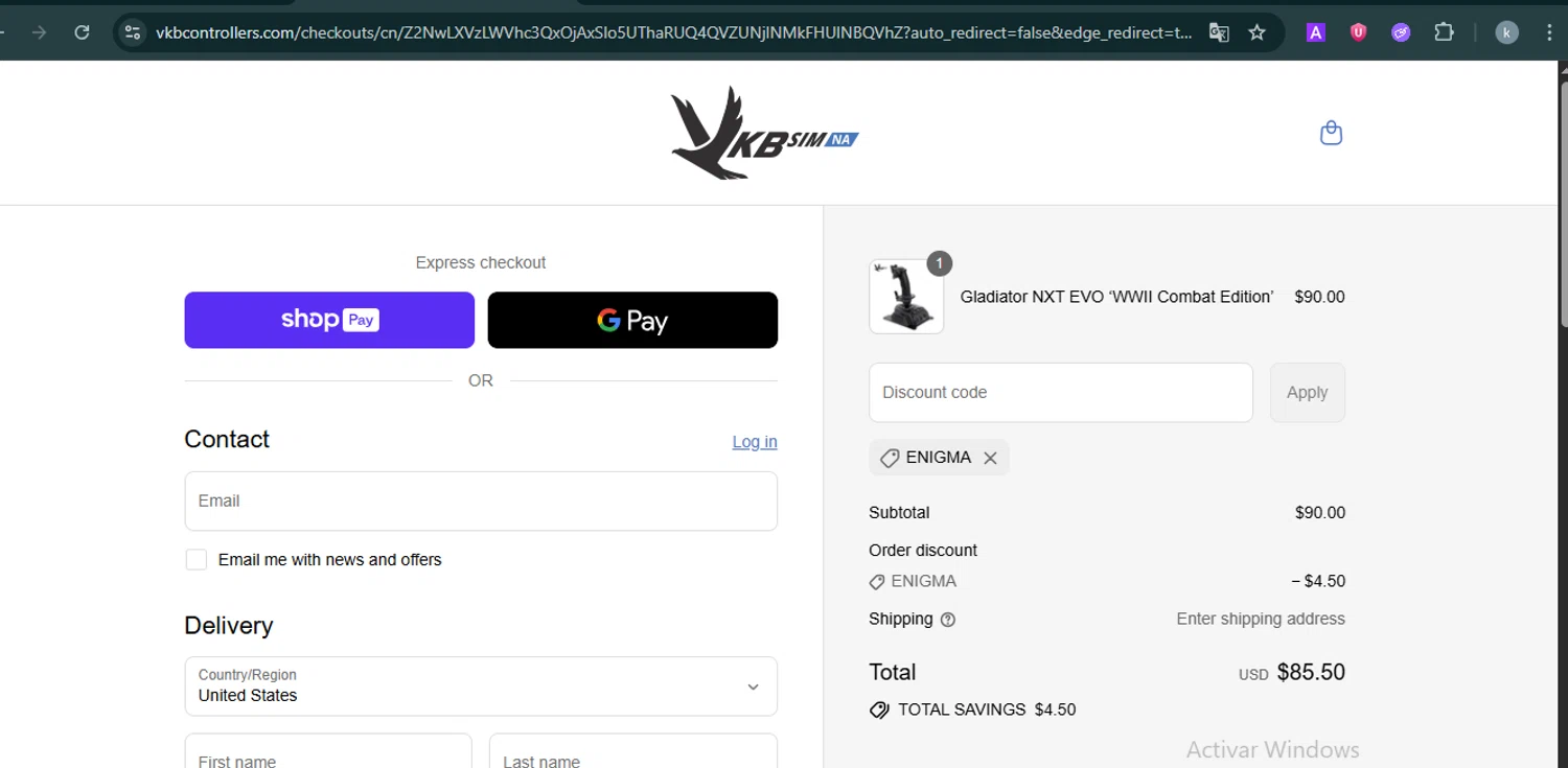 VKB-Sim North America promo code screenshot showing code ENIGMA applied at VKB-Sim North America checkout page. Uploaded by SimplyCodes community member FortunateMaven6799 on Jul 4, 2025