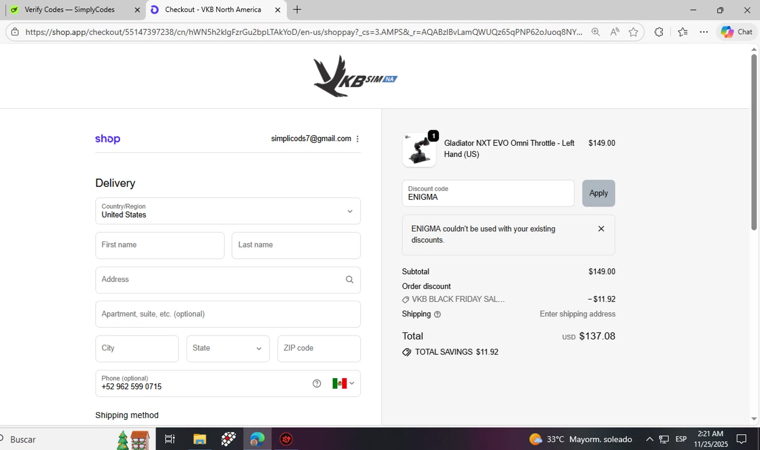 VKB-Sim North America promo code screenshot showing code ENIGMA applied at VKB-Sim North America checkout page. Uploaded by SimplyCodes community member fhddfhfdhwert on Nov 25, 2025