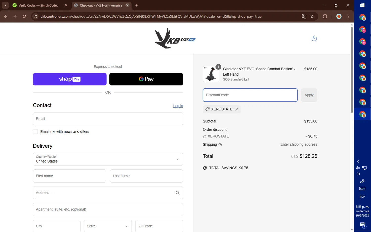 VKB-Sim North America promo code screenshot showing code XEROSTATE applied at VKB-Sim North America checkout page. Uploaded by SimplyCodes community member DealElite4728 on Mar 27, 2025