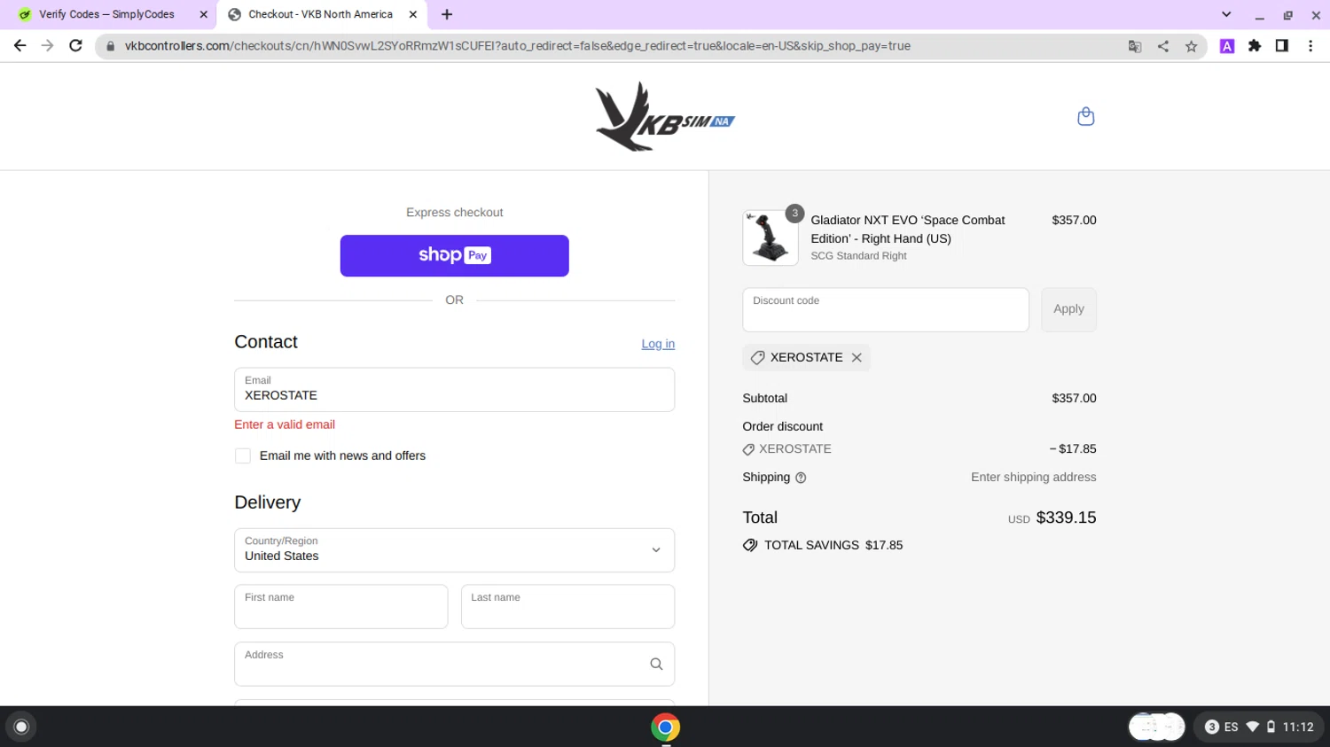 VKB-Sim North America promo code screenshot showing code XEROSTATE applied at VKB-Sim North America checkout page. Uploaded by SimplyCodes community member lapampita on Jul 10, 2025