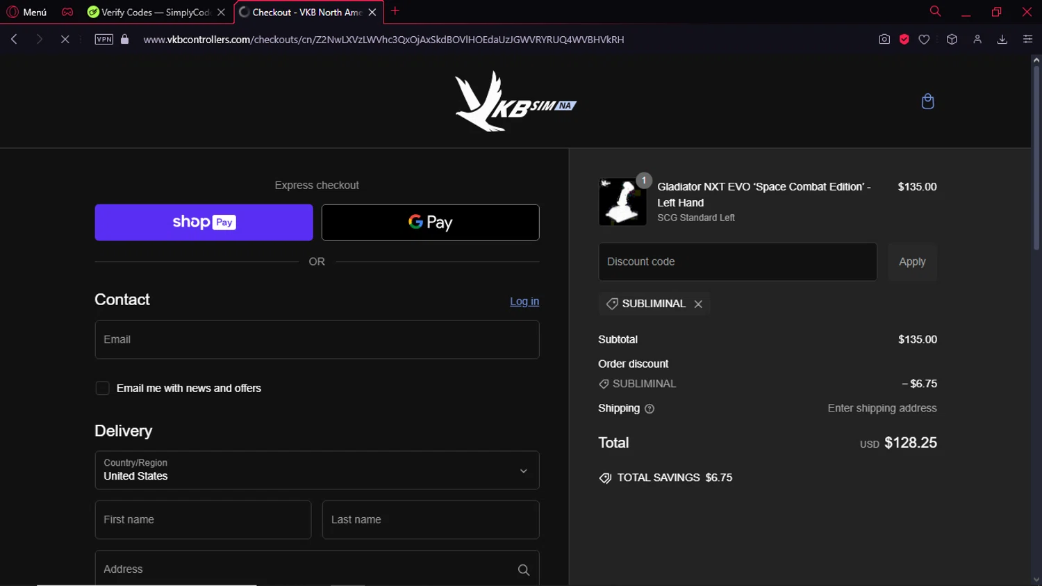 VKB-Sim North America promo code screenshot showing code SUBLIMINAL applied at VKB-Sim North America checkout page. Uploaded by SimplyCodes community member CorrectorDeCupones on Dec 29, 2024