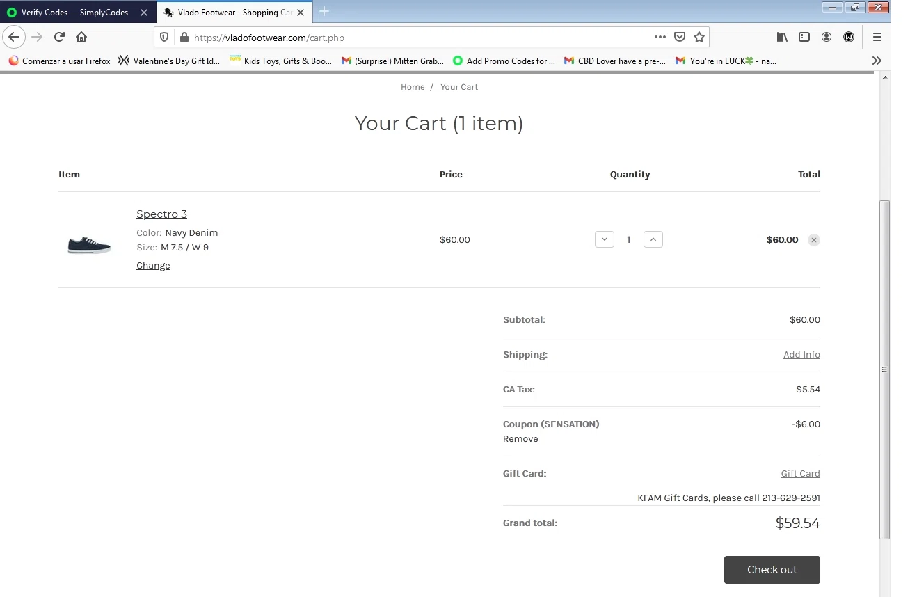 Vlado Footwear checkout page showing Vlado Footwear coupon code box | Screenshot taken by SimplyCodes community member on May 13, 2021