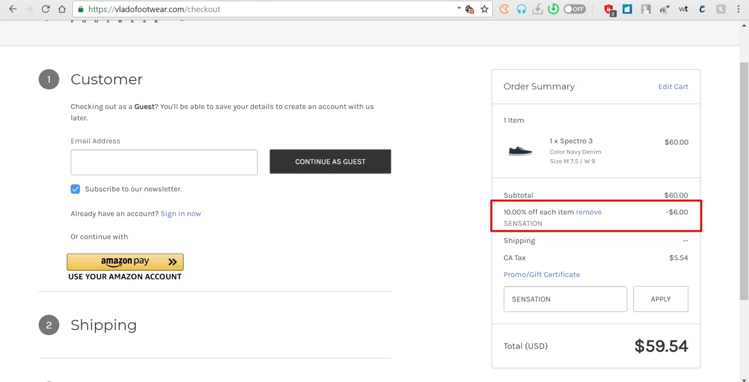 Vlado Footwear checkout page showing Vlado Footwear coupon code box | Screenshot taken by SimplyCodes community member on Apr 14, 2021