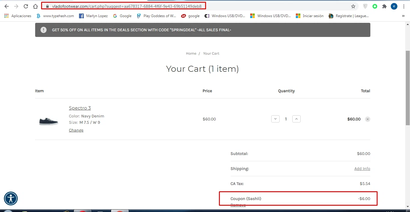 Vlado Footwear checkout page showing Vlado Footwear coupon code box | Screenshot taken by SimplyCodes community member on May 13, 2021