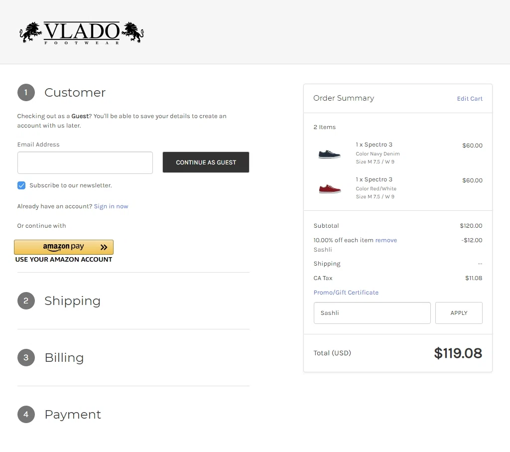 Vlado Footwear checkout page showing Vlado Footwear coupon code box | Screenshot taken by SimplyCodes community member on Apr 14, 2021