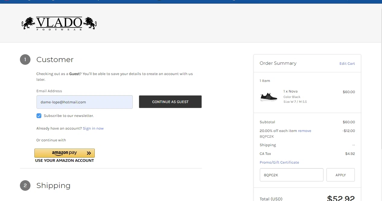 Vlado Footwear checkout page showing Vlado Footwear coupon code box | Screenshot taken by SimplyCodes community member on Jun 24, 2021