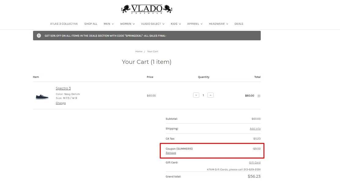 Vlado Footwear checkout page showing Vlado Footwear coupon code box | Screenshot taken by SimplyCodes community member on May 13, 2021