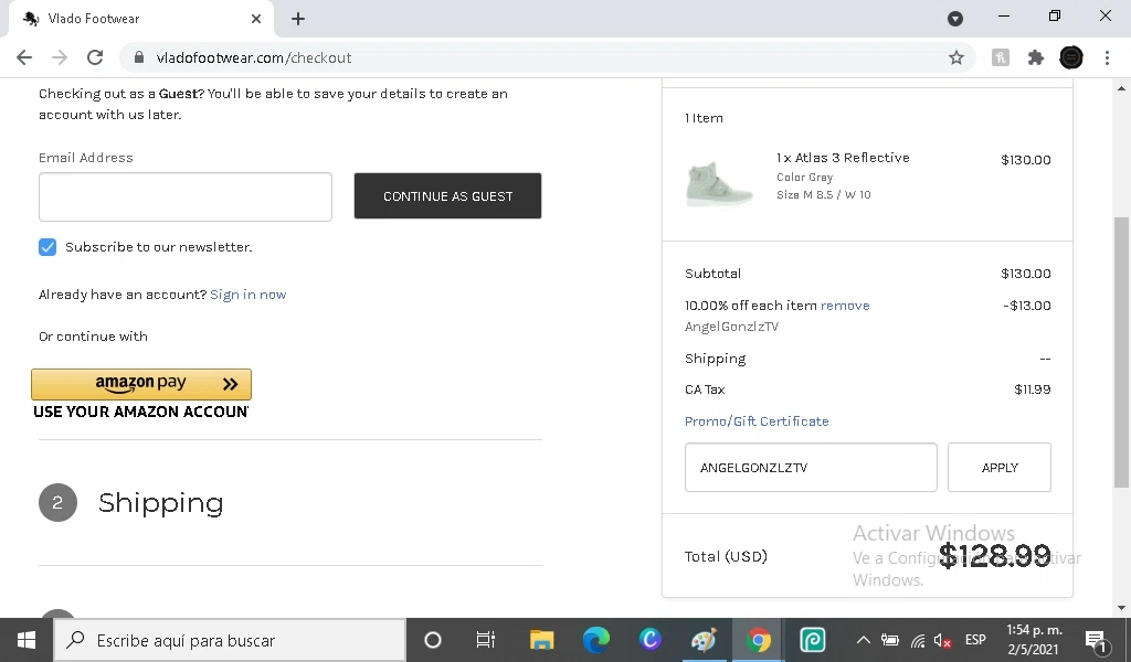 Vlado Footwear checkout page showing Vlado Footwear coupon code box | Screenshot taken by SimplyCodes community member on May 2, 2021
