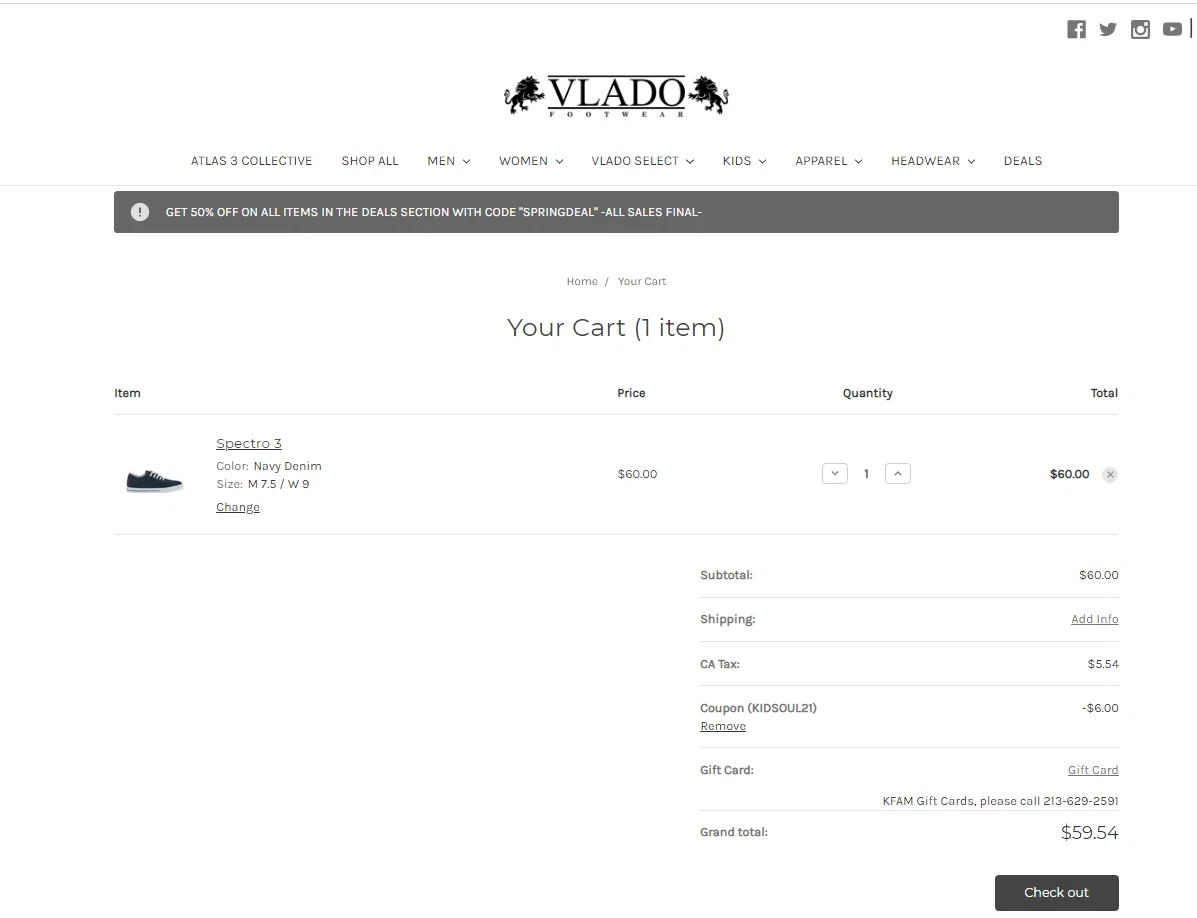 Vlado Footwear checkout page showing Vlado Footwear coupon code box | Screenshot taken by SimplyCodes community member on May 13, 2021