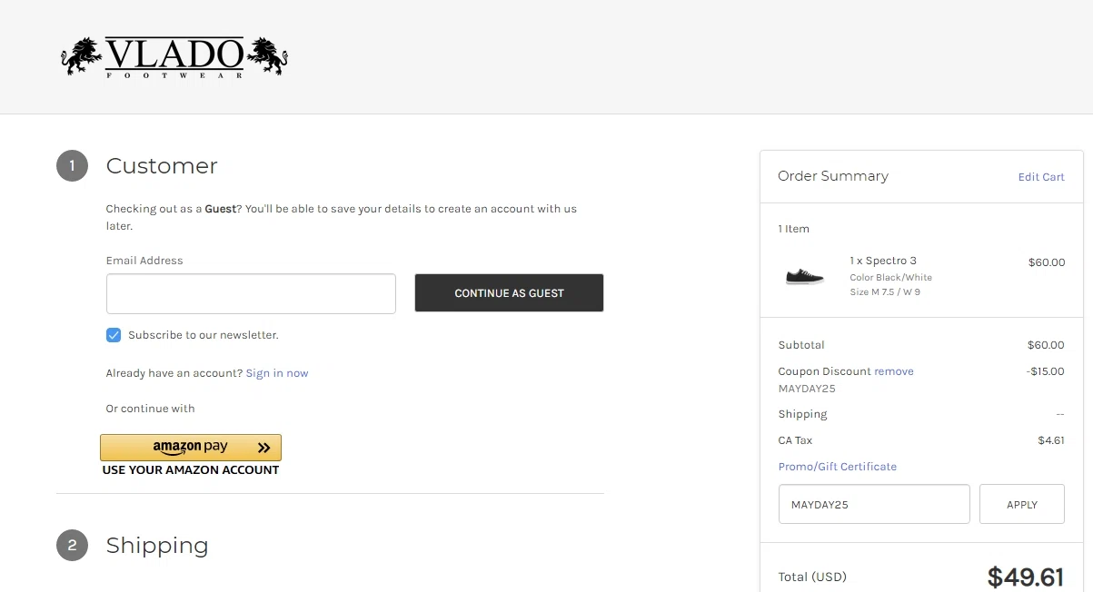 Vlado Footwear checkout page showing Vlado Footwear coupon code box | Screenshot taken by SimplyCodes community member on May 8, 2021