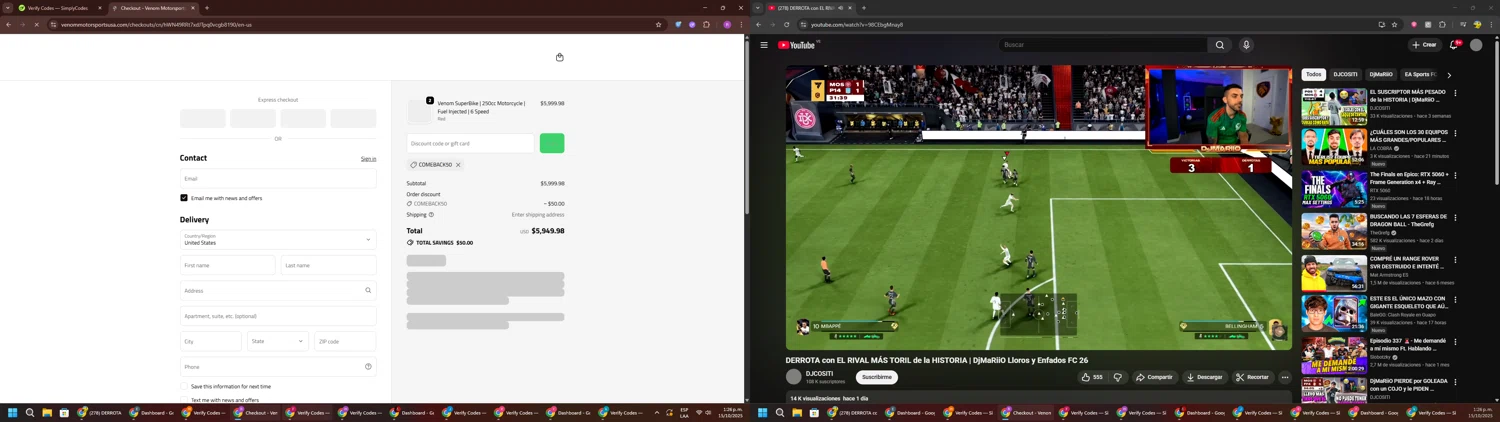 Venom Motorsports USA discount code screenshot showing code COMEBACK50 applied at Venom Motorsports USA checkout page. Uploaded by SimplyCodes community member RoyalSentinel4577 on Oct 15, 2025
