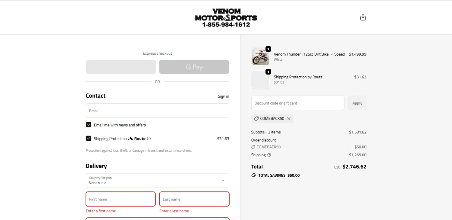 Venom Motorsports USA discount code screenshot showing code COMEBACK50 applied at Venom Motorsports USA checkout page. Uploaded by SimplyCodes community member dimitriv on Dec 18, 2025