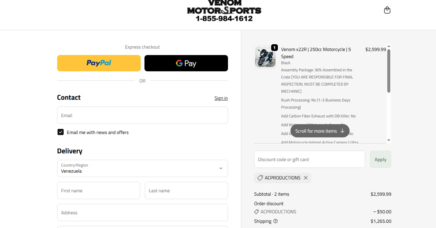 Venom Motorsports USA discount code screenshot showing code ACPRODUCTIONS applied at Venom Motorsports USA checkout page. Uploaded by SimplyCodes community member DeathBone on Oct 19, 2025