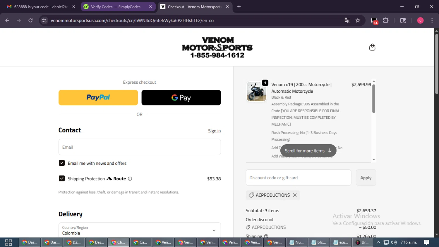 Venom Motorsports USA discount code screenshot showing code ACPRODUCTIONS applied at Venom Motorsports USA checkout page. Uploaded by SimplyCodes community member MagnificentSpotter4236 on Oct 28, 2025