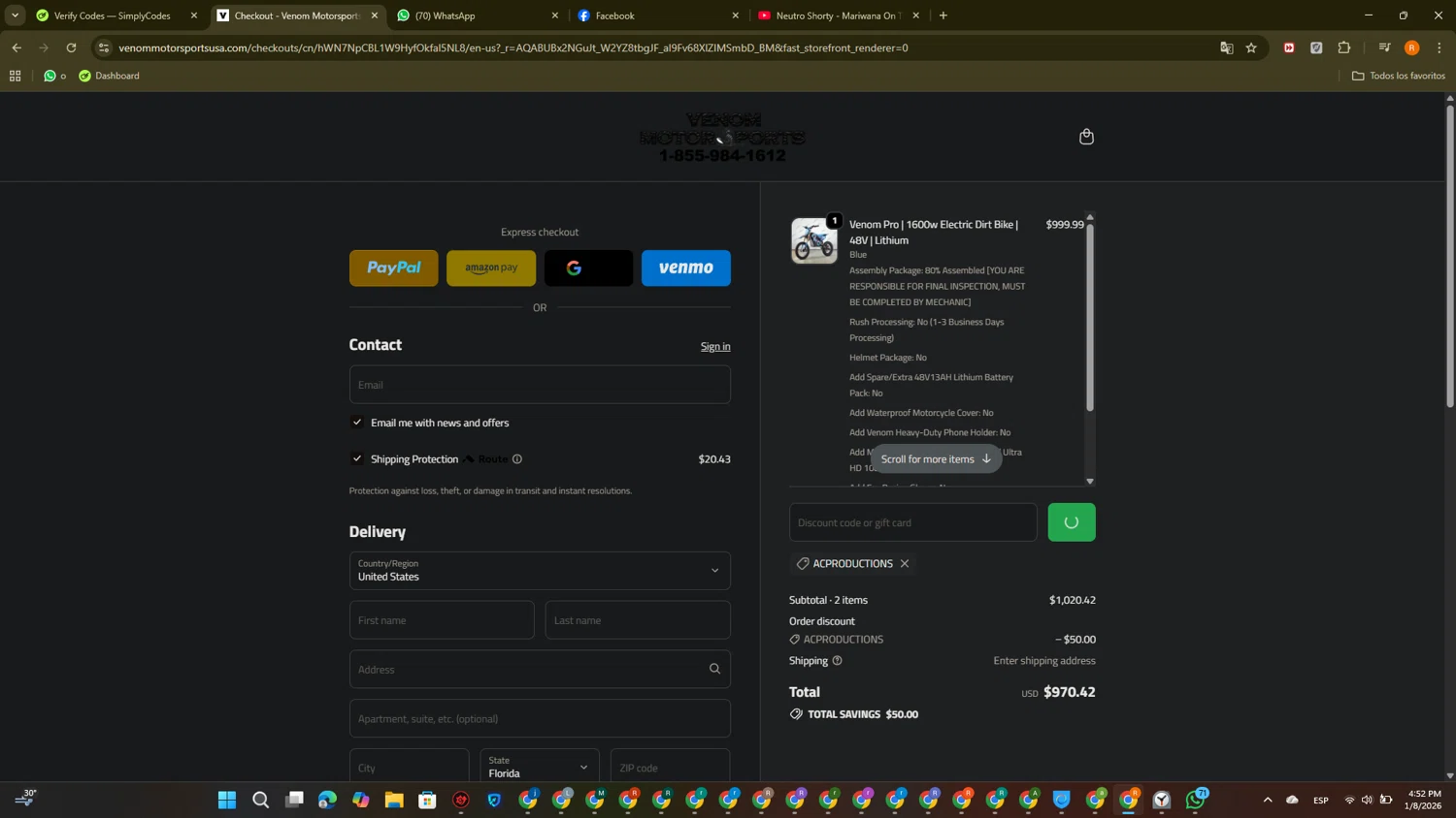 Venom Motorsports USA discount code screenshot showing code ACPRODUCTIONS applied at Venom Motorsports USA checkout page. Uploaded by SimplyCodes community member PromoTitan1625 on Jan 8, 2026