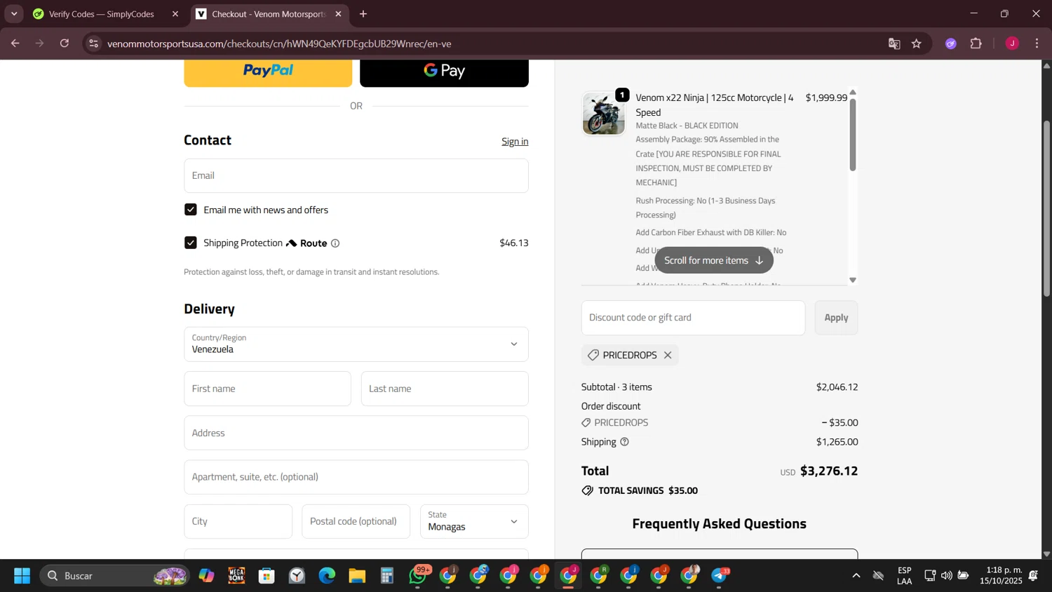 Venom Motorsports USA discount code screenshot showing code PRICEDROPS applied at Venom Motorsports USA checkout page. Uploaded by SimplyCodes community member FrugalFinder745 on Oct 15, 2025