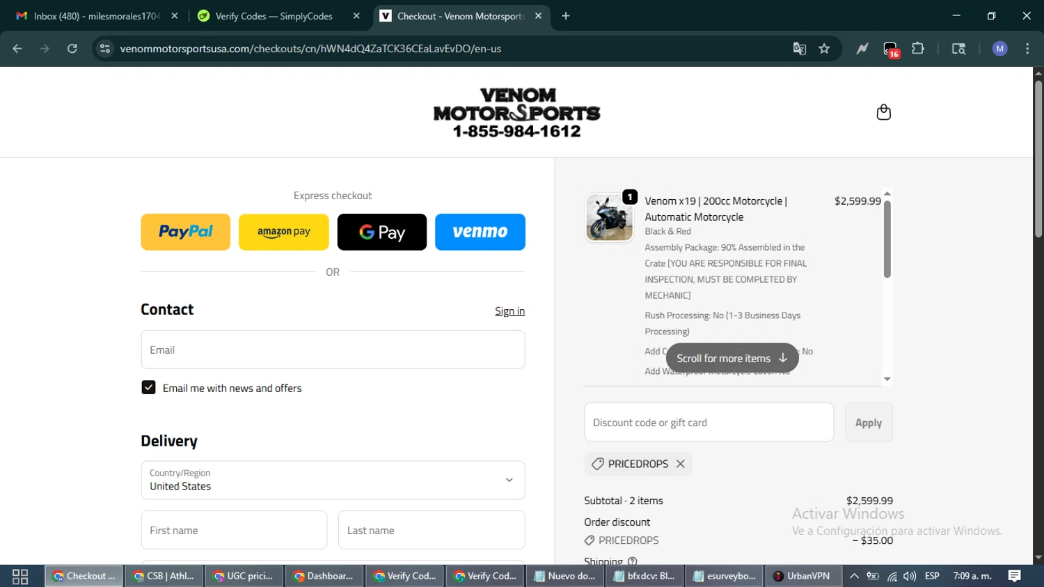 Venom Motorsports USA discount code screenshot showing code PRICEDROPS applied at Venom Motorsports USA checkout page. Uploaded by SimplyCodes community member PrimeFox5260 on Oct 28, 2025