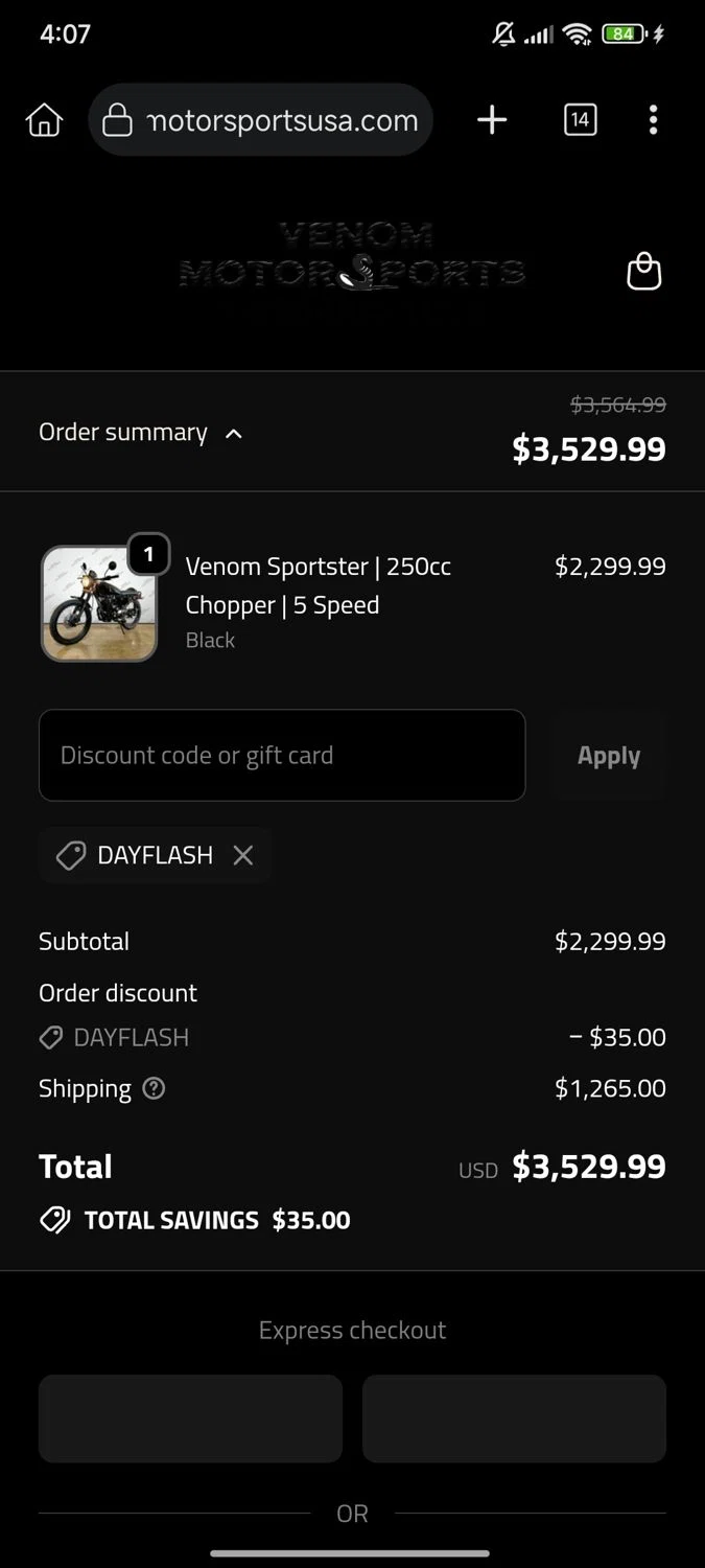 Venom Motorsports USA discount code screenshot showing code DAYFLASH applied at Venom Motorsports USA checkout page. Uploaded by SimplyCodes community member Enmanuel17 on Oct 11, 2025