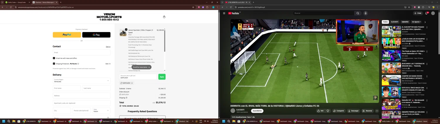 Venom Motorsports USA discount code screenshot showing code DAYFLASH applied at Venom Motorsports USA checkout page. Uploaded by SimplyCodes community member RewardKnight9989 on Oct 15, 2025