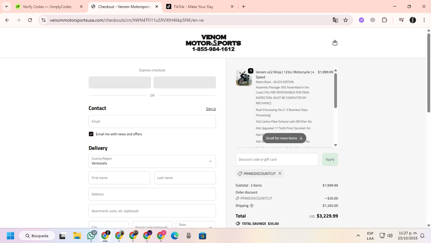 Venom Motorsports USA discount code screenshot showing code primediscountcut applied at Venom Motorsports USA checkout page. Uploaded by SimplyCodes community member ChinoYugiXD on Oct 24, 2025