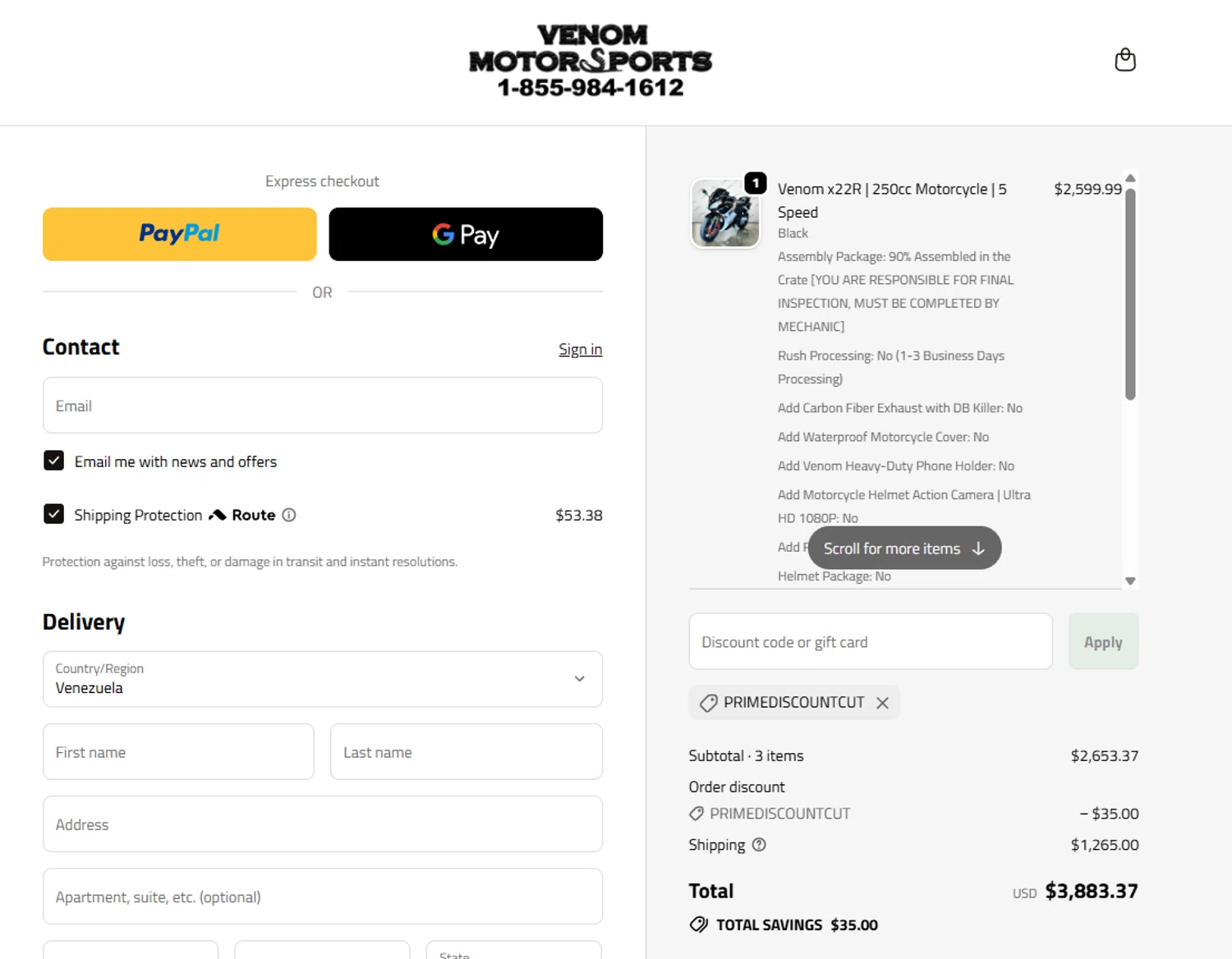 Venom Motorsports USA discount code screenshot showing code primediscountcut applied at Venom Motorsports USA checkout page. Uploaded by SimplyCodes community member RoyalHunter7313 on Oct 11, 2025