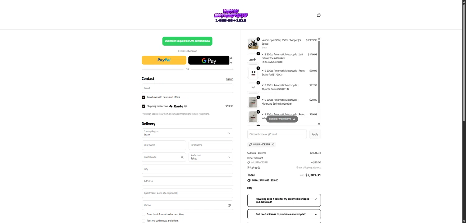 Venom Motorsports USA checkout page showing Venom Motorsports USA discount code box | Screenshot taken by SimplyCodes community member on Feb 11, 2026