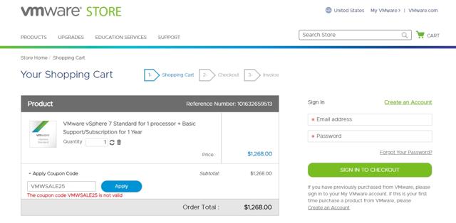 VMware checkout page showing VMware coupon code box | Screenshot taken by SimplyCodes community member on May 7, 2020